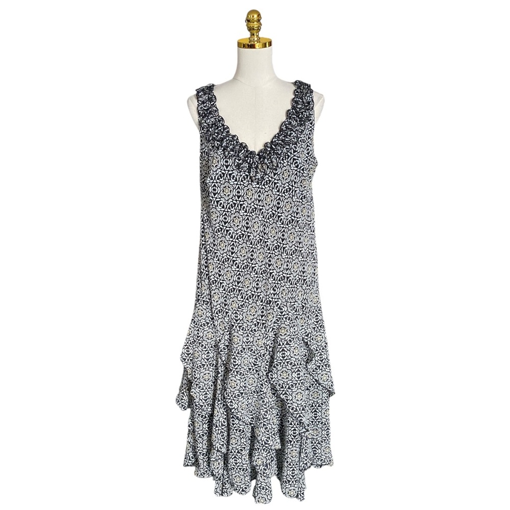Women Vintage Y2K Floral Print Sleeveless Ruffle Neck Tiered Midi Dress Size 14